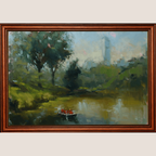 An oil painting of a park scene with a small boat on a lake, framed in a warm brown wooden frame against a light beige background.
