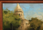 An impressionistic oil painting of a historic stone building with a conical roof, surrounded by green trees under a blue sky, framed in a reddish-brown wooden frame.