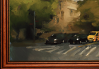A framed oil painting depicting a street scene with several cars, trees, and a building, shown in a warm brown wooden frame.
