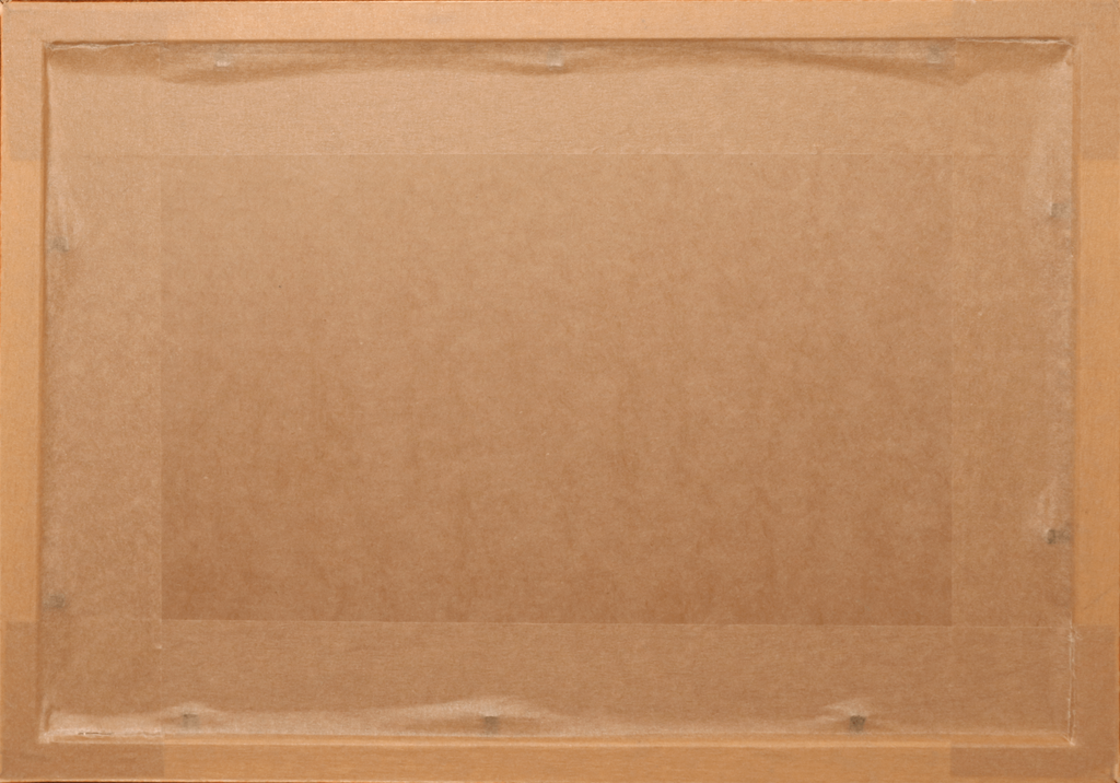 The back side of a square picture frame made of light brown wood, showing a clear protective plastic cover secured with tape at the corners.