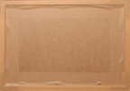 The back side of a square picture frame made of light brown wood, showing a clear protective plastic cover secured with tape at the corners.