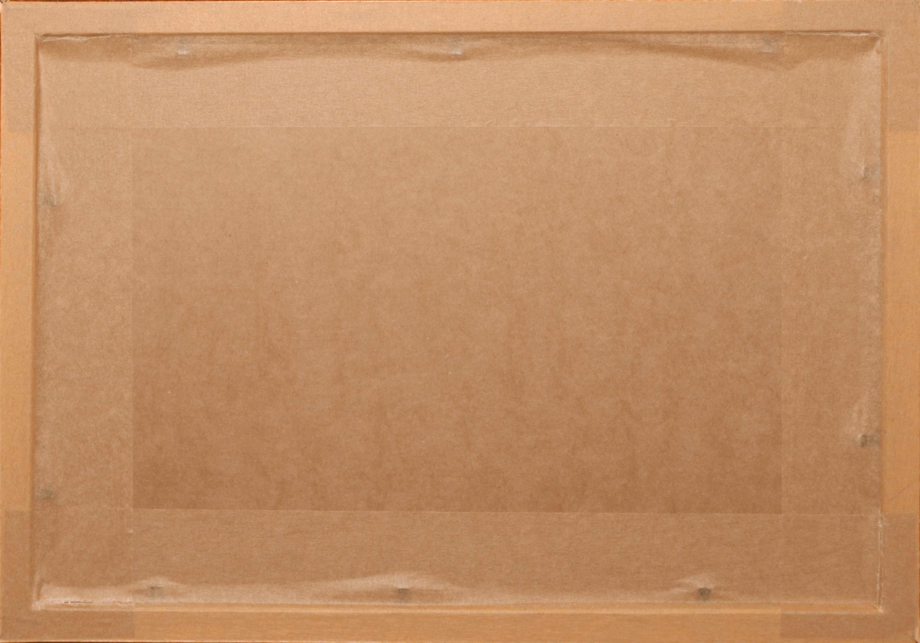 The back side of a square picture frame made of light brown wood, showing a clear protective plastic cover secured with tape at the corners.