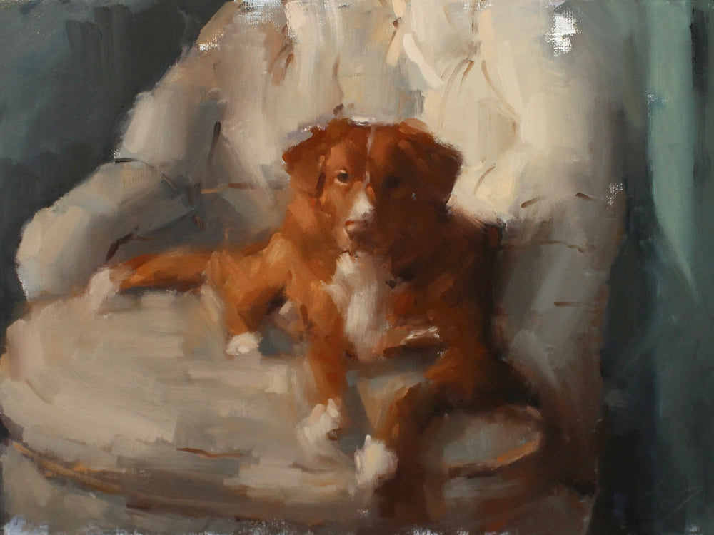 An oil painting of a brown and white dog sitting on a tufted armchair, rendered in expressive brushstrokes with a dark blue-gray background.