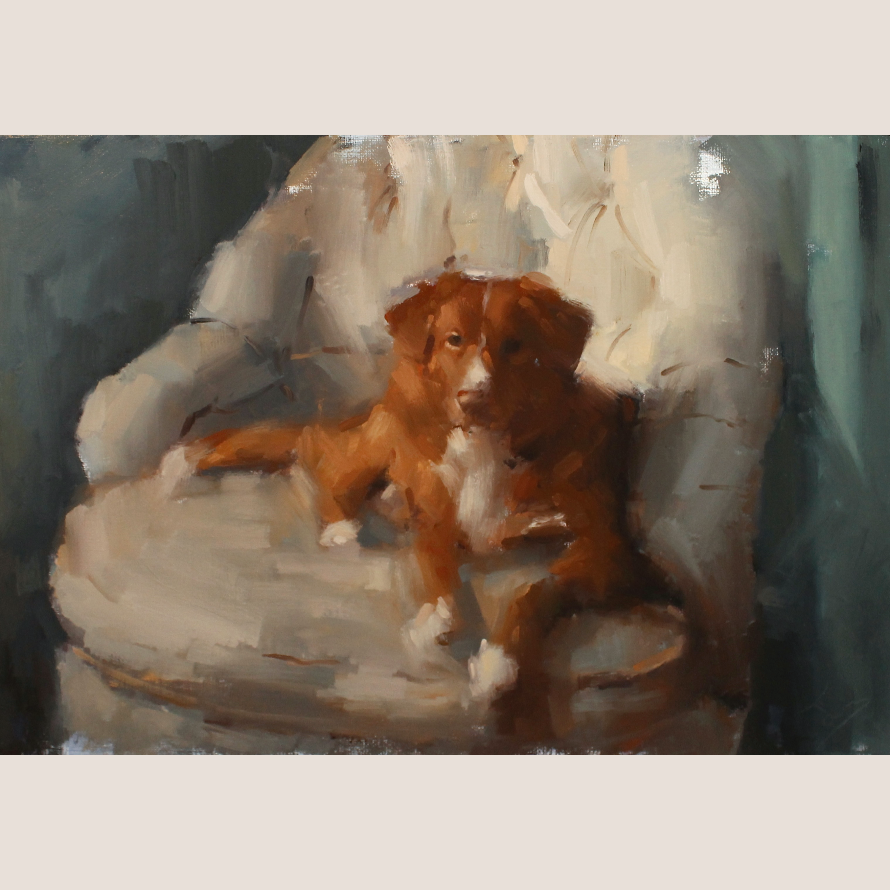 An impressionistic oil painting of a brown and white dog sitting on a tufted armchair, framed by a light beige border.