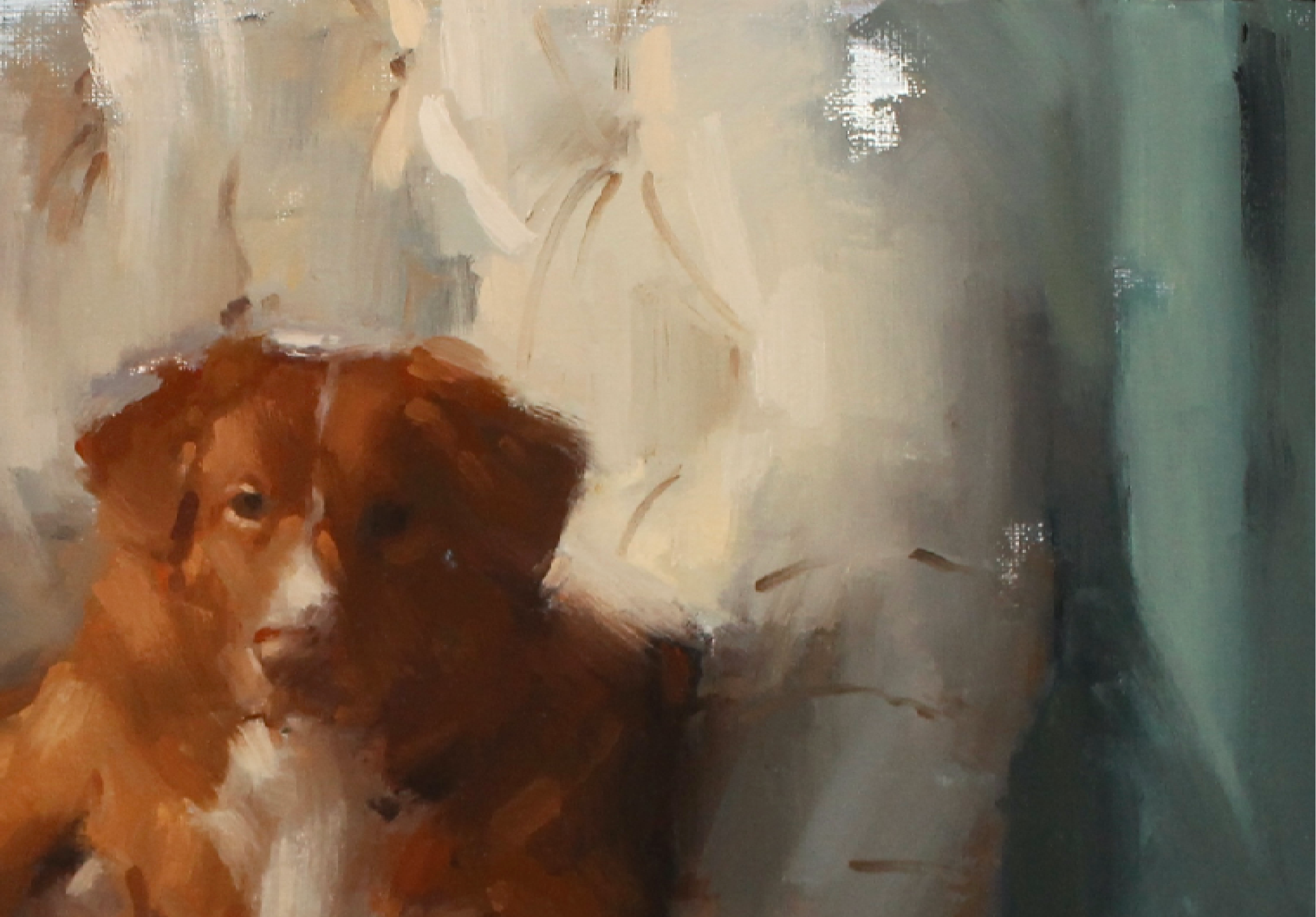 An impressionistic painting of a brown and white dog in profile against a soft, painterly background in muted beige, gray, and teal tones.