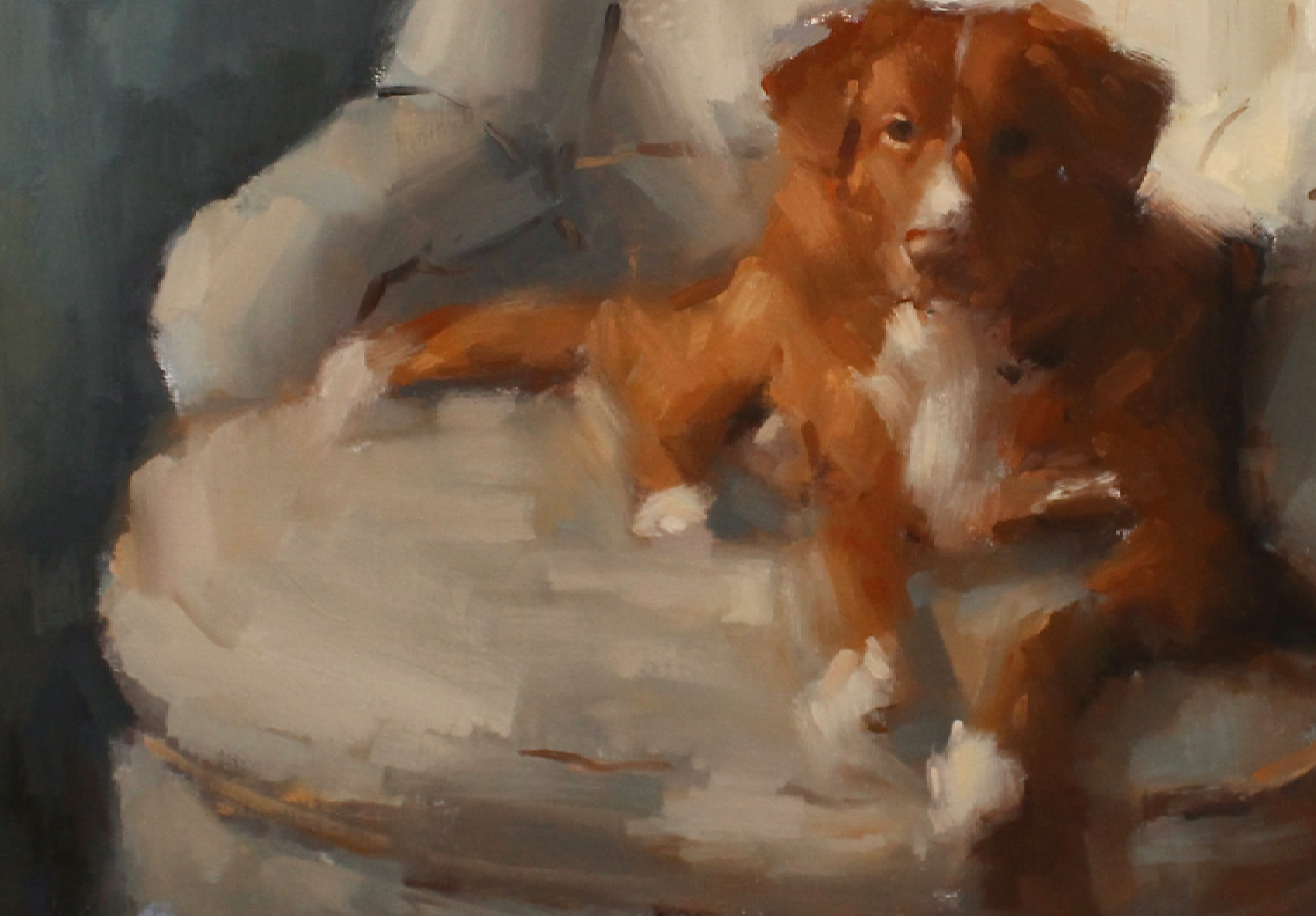 An impressionistic oil painting of a brown and white dog lying on a light-colored cushioned chair, rendered with visible brushstrokes in warm brown, white, gray, and beige tones.