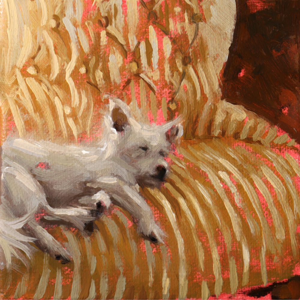 An oil painting depicting a small white dog lying on a striped armchair with gold, beige, and pink details.