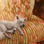 An impressionistic painting of a small white dog lying on a striped armchair with warm gold, beige, and pink brushstrokes.
