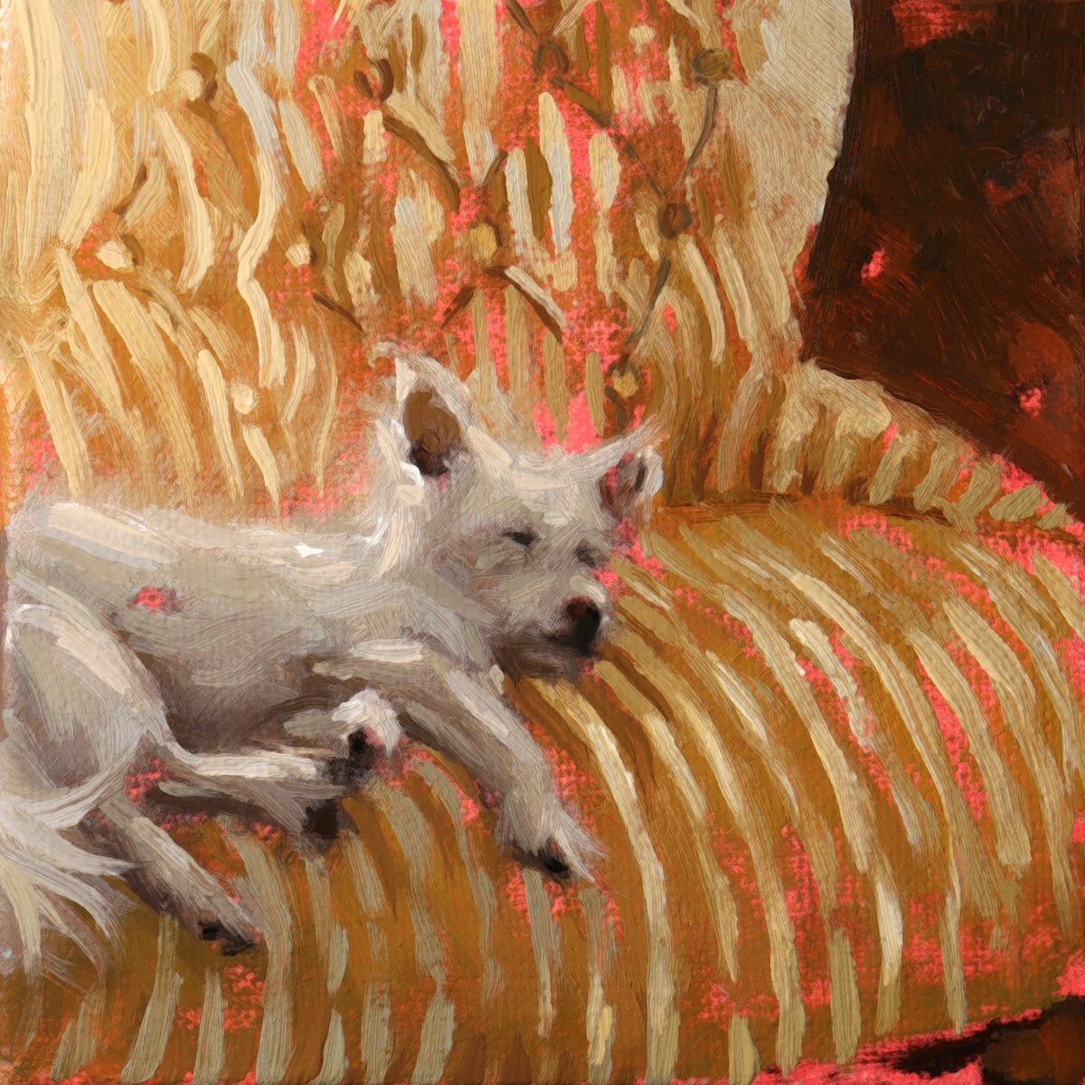 An impressionistic painting of a small white dog lying on a striped armchair with warm gold, beige, and pink brushstrokes.