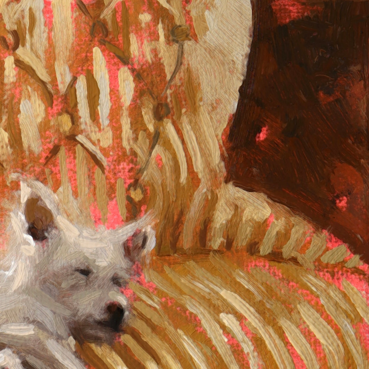 An impressionistic painting of a white dog resting on a patterned armchair with warm gold, cream, and pink brushstrokes, plus a dark brown area on the right.