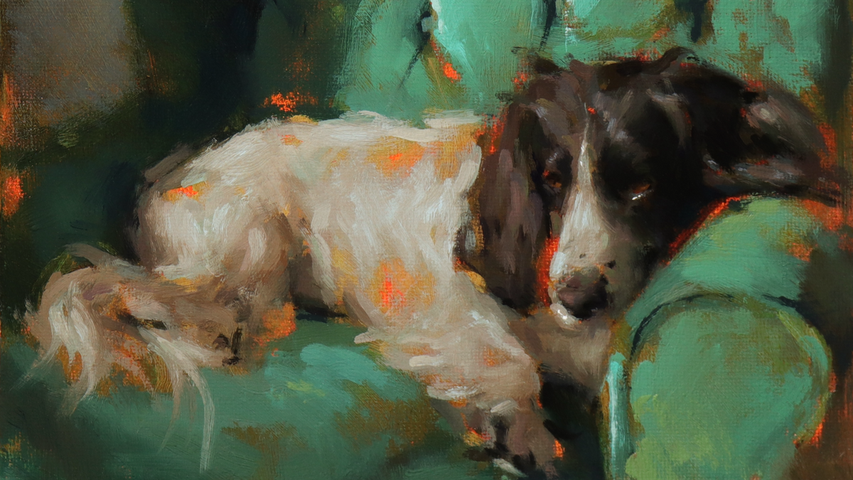 Painting of a dog lying on a green couch with a colorful background