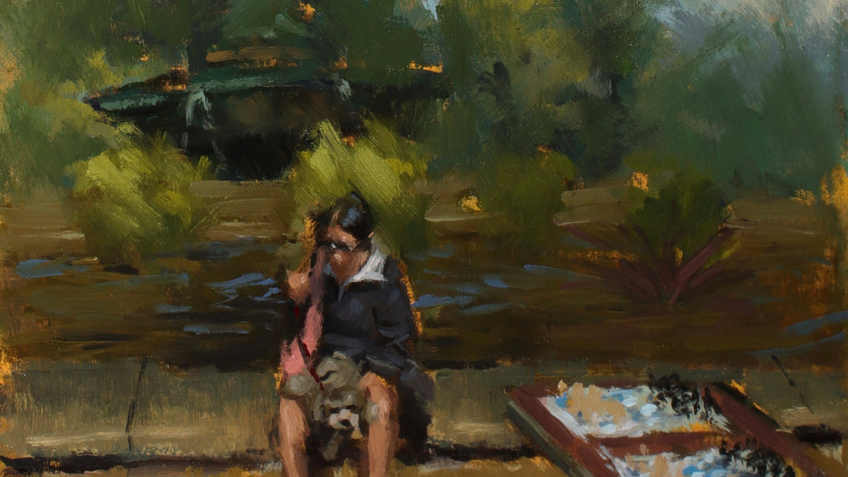 Painting of a person sitting by a lake with trees and a chessboard in the foreground