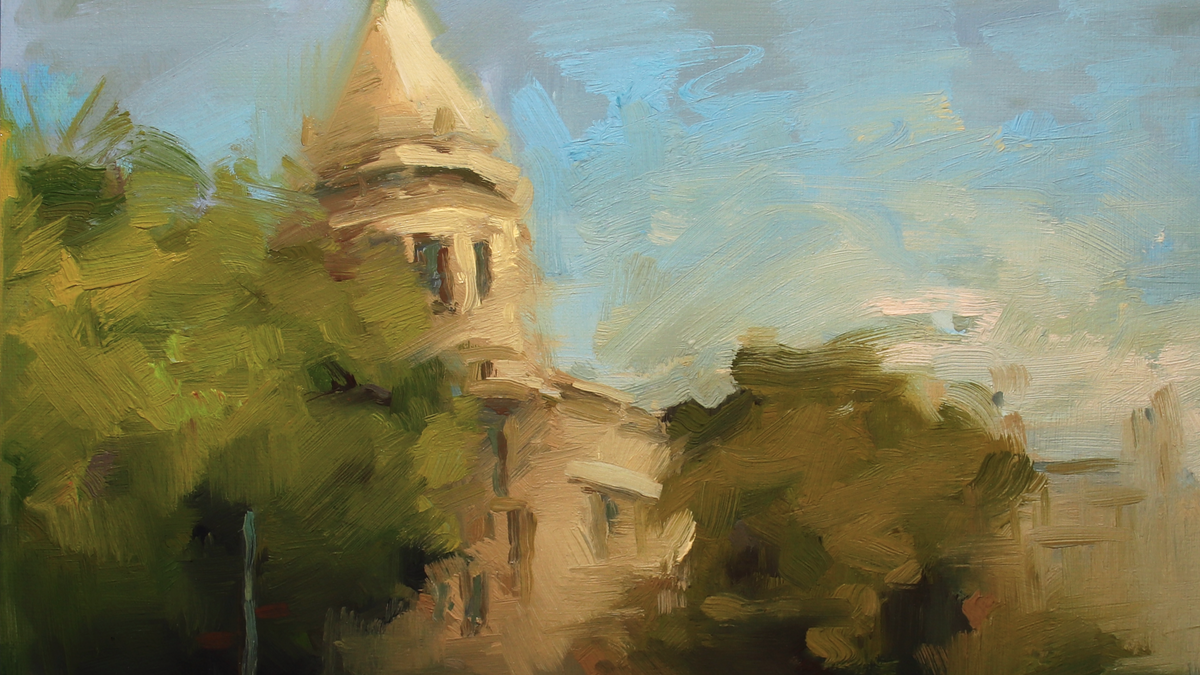 Painting of a building with a tower and greenery