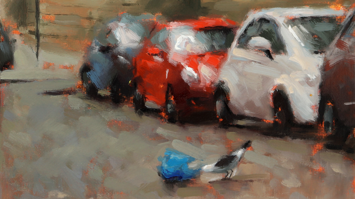 An impressionistic painting of parked cars along a street with a pigeon in the foreground, rendered in soft brushstrokes of gray, beige, red, white, blue, and orange.
