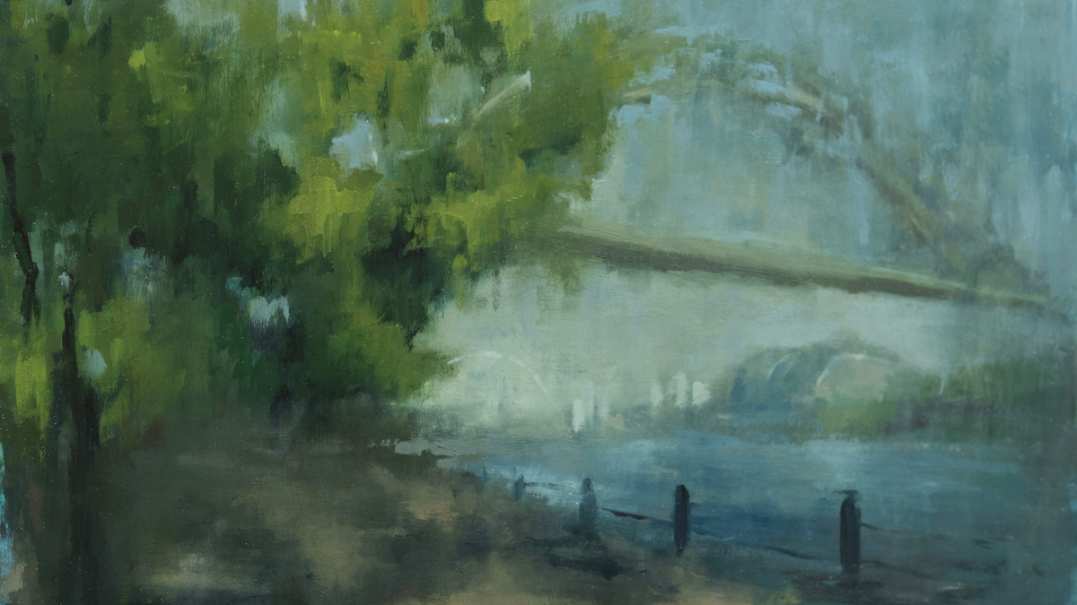 Painting of a river scene with trees and a bridge