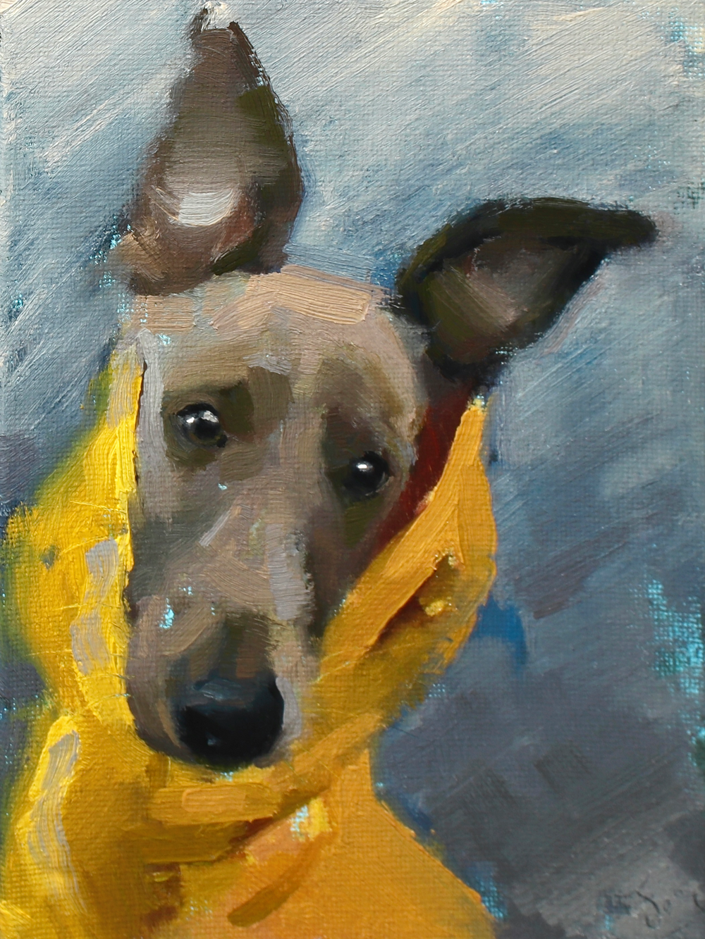 Painting of a dog wearing a yellow raincoat on a blue background