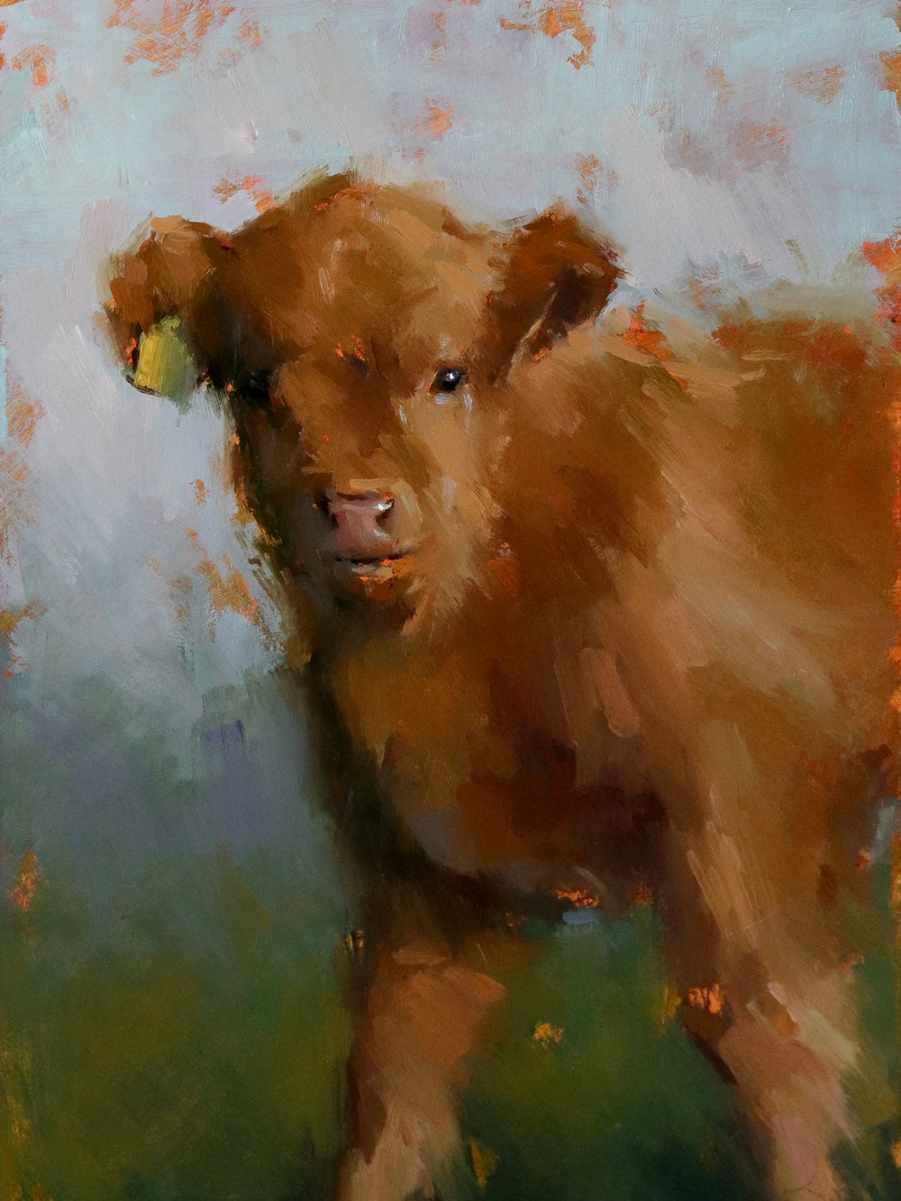 Painting of a brown calf with a textured background