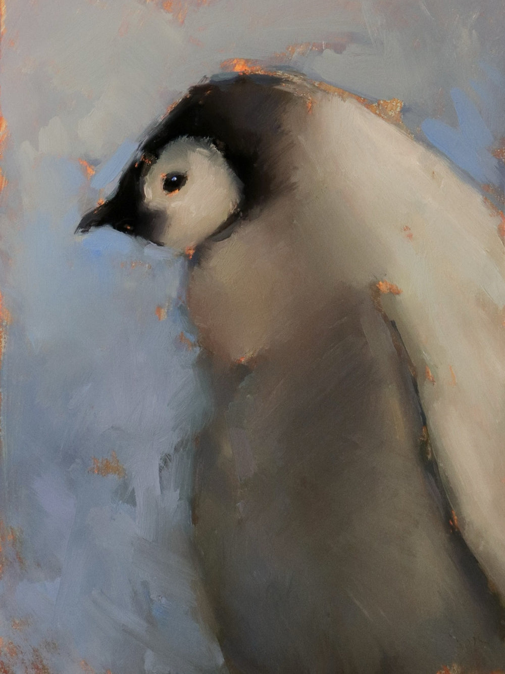 Painting of a bird with a white and gray plumage on a textured blue background