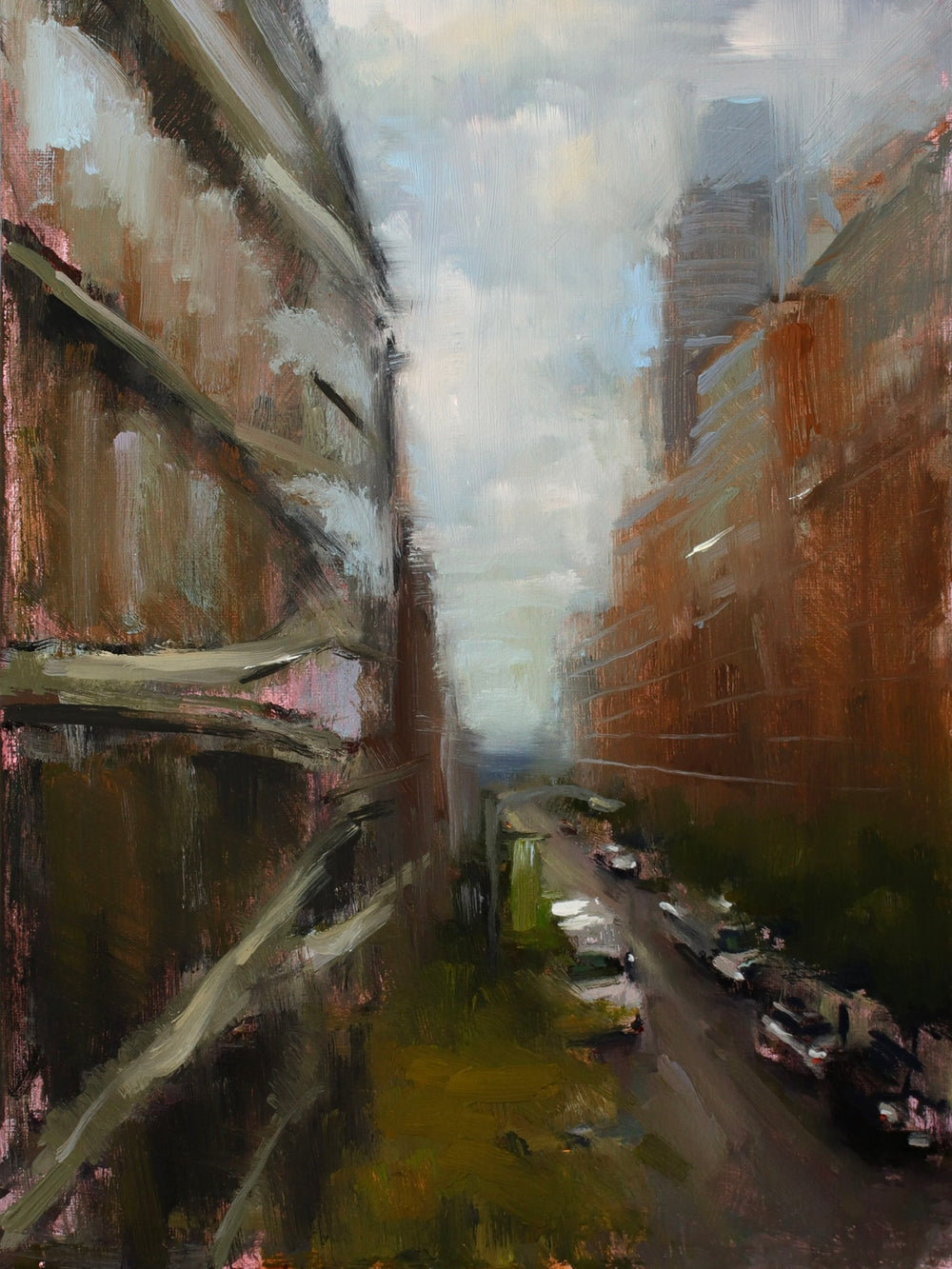 Painting of a city street with tall buildings and cars on a cloudy day