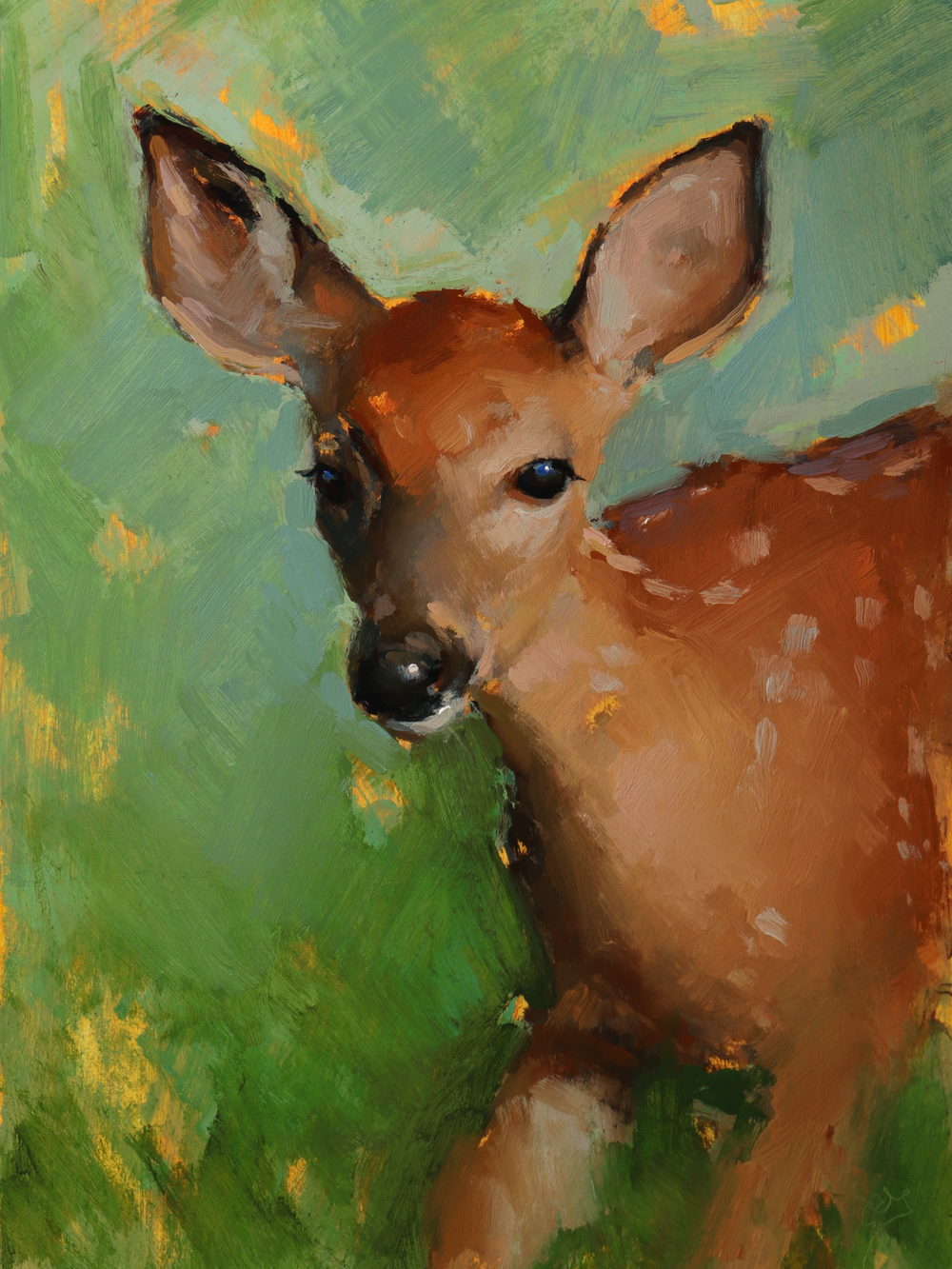 Painting of a deer with a green background