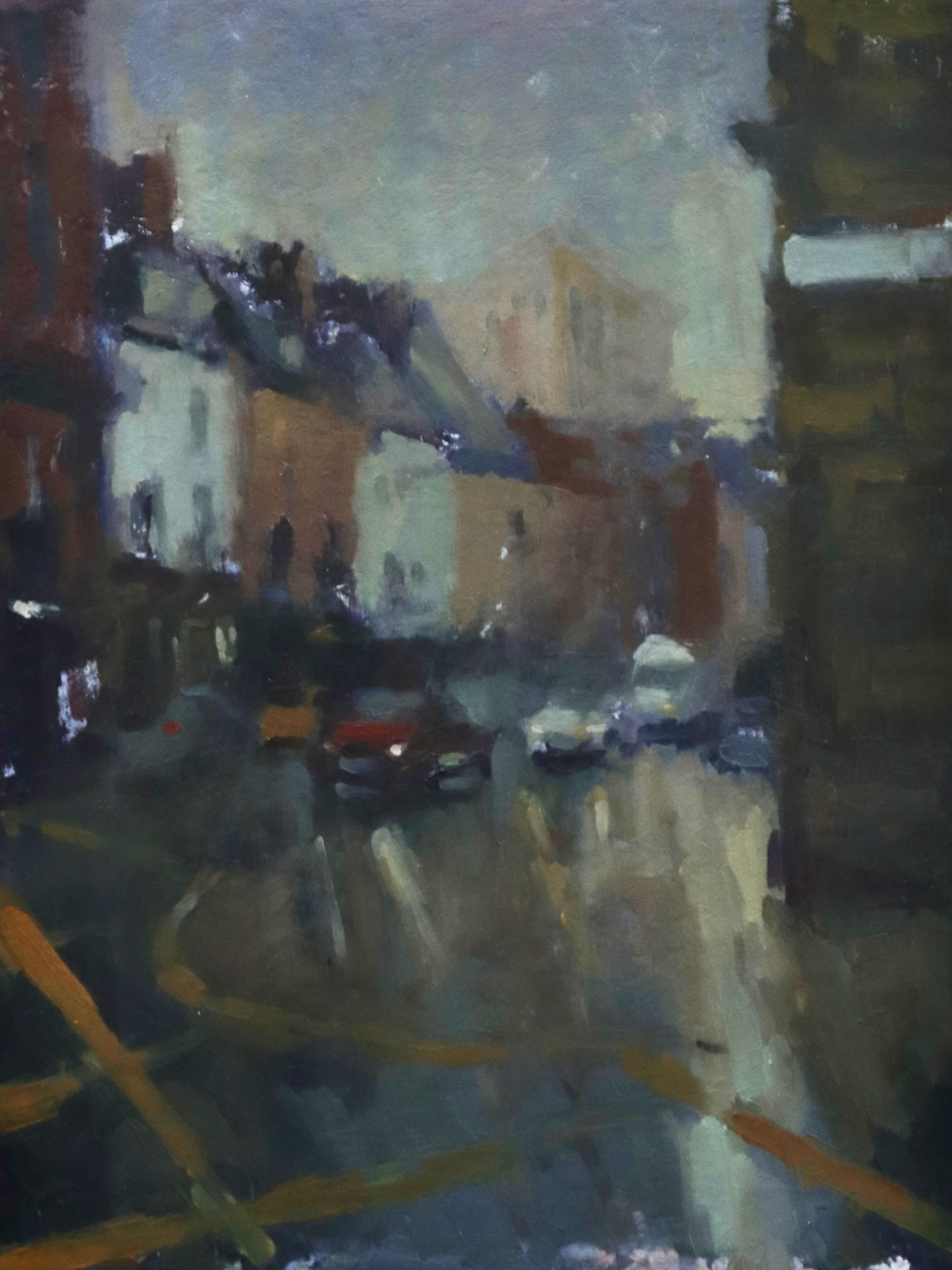 Impressionistic oil painting of a city street scene with buildings, cars, and a hazy sky, rendered in muted blue, gray, brown, and cream tones.