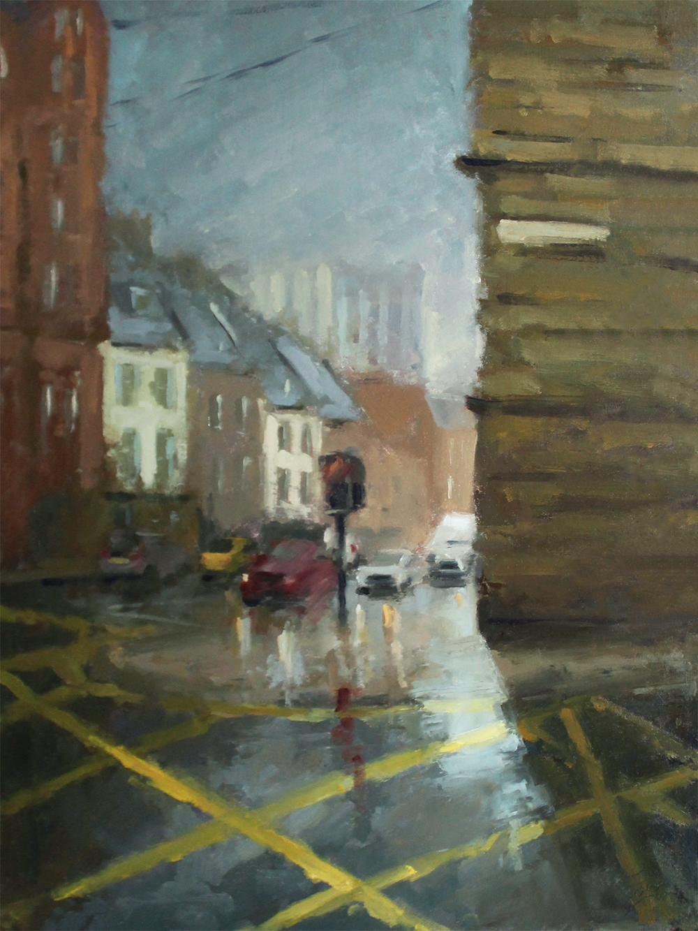 Painting of a city street with buildings and cars on a rainy day.