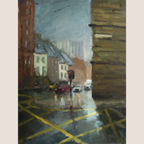 An impressionistic painting of a rainy city street scene viewed from inside a building, with wet yellow crosswalk markings in the foreground, reflections on the pavement, and buildings on both sides.