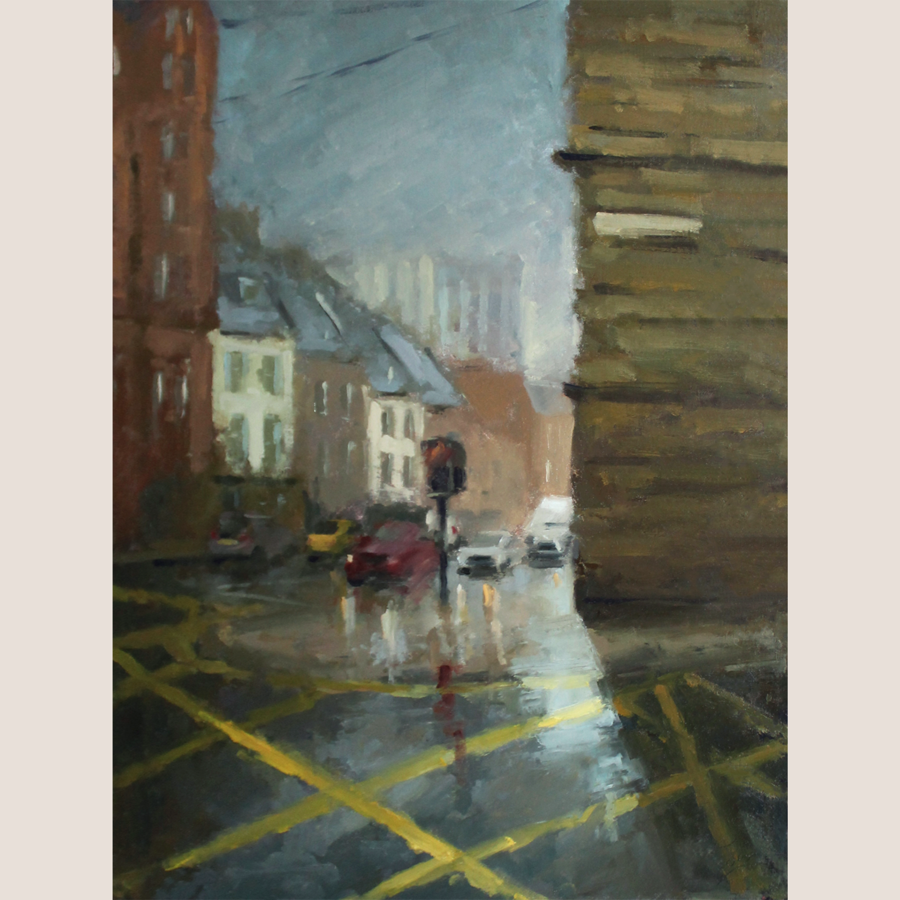 An impressionistic painting of a rainy city street scene viewed from inside a building, with wet yellow crosswalk markings in the foreground, reflections on the pavement, and buildings on both sides.