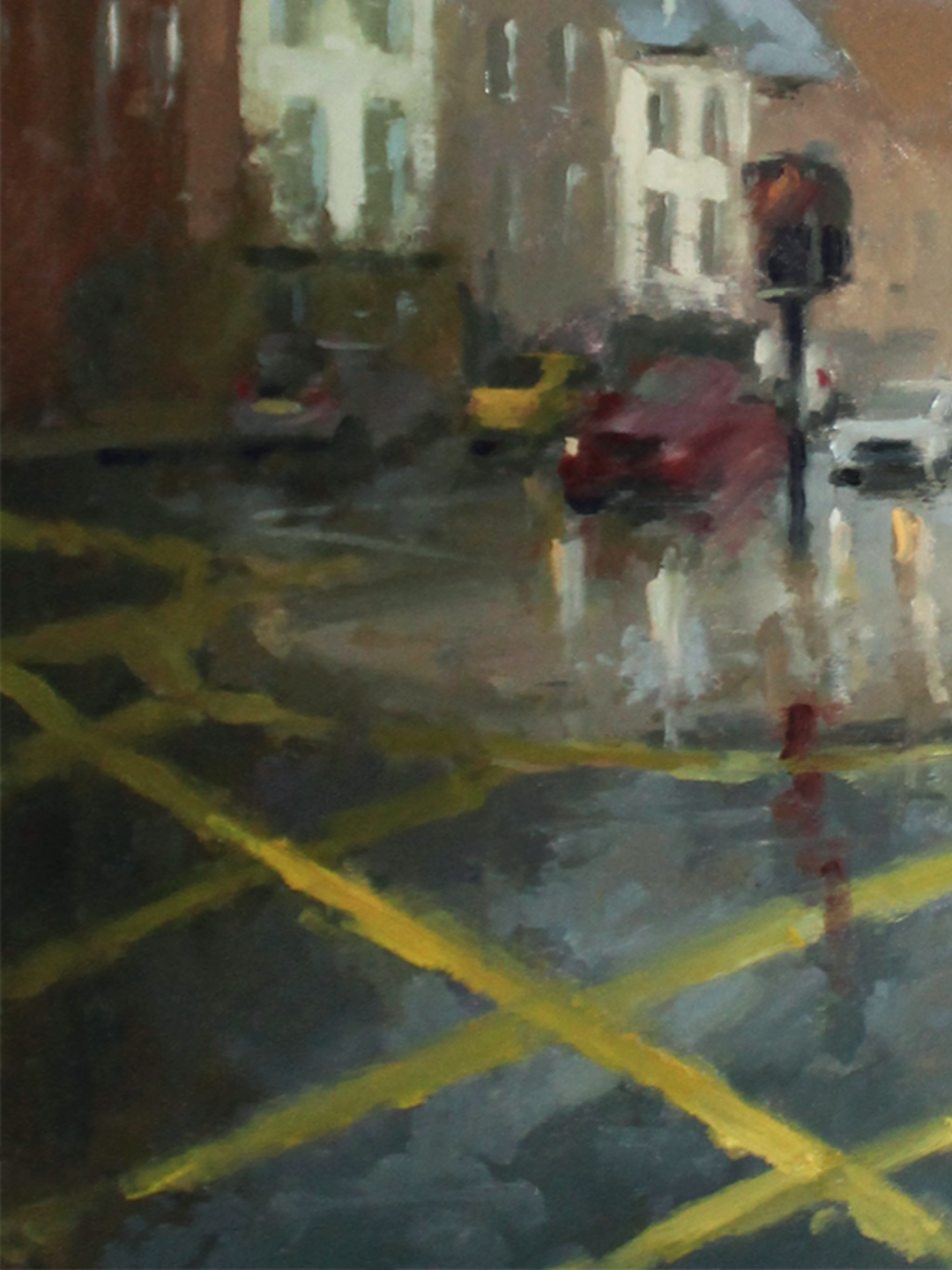 Impressionistic painting of a rainy city street with yellow crosswalk markings in the foreground, blurred cars, and buildings in the background.