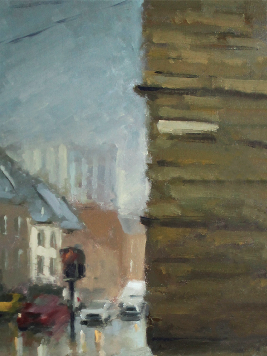 An impressionistic oil painting of a city street scene viewed from beside a large brown building, with muted blue-gray sky, distant brick buildings, and soft reflections on wet pavement.