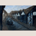 An impressionist-style painting of a quiet street lined with dark timber-framed houses and parked cars, rendered in muted blue, gray, brown, and white tones, centered on a light beige background.