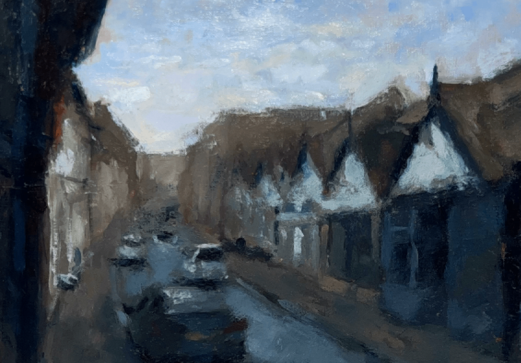 An impressionistic painting of a narrow street lined with dark houses under a pale blue and white sky, rendered in muted blue, brown, gray, and white tones.