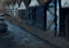 An impressionistic painting of a dimly lit street scene with dark timber-framed buildings, blue-gray shadows, and a pale vehicle on the left.