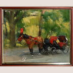 A framed oil painting depicting a brown horse pulling a black carriage with red accents along a path, surrounded by green trees and foliage. The painting is housed in a dark reddish-brown wooden frame with a gold-toned inner border, set against a light beige background.