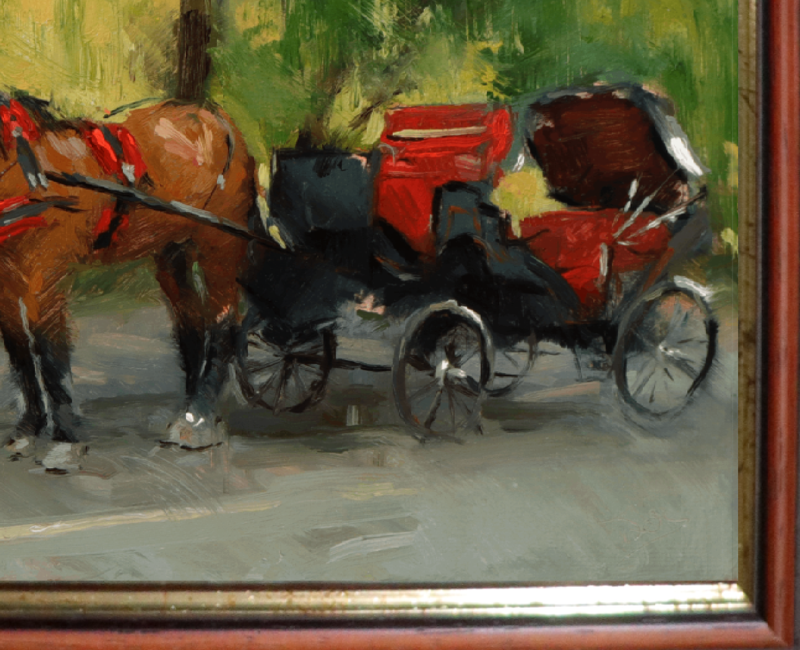 A close-up of an oil painting depicting a brown horse harnessed to a red and black carriage, with a green background and a reddish-brown wooden frame visible.