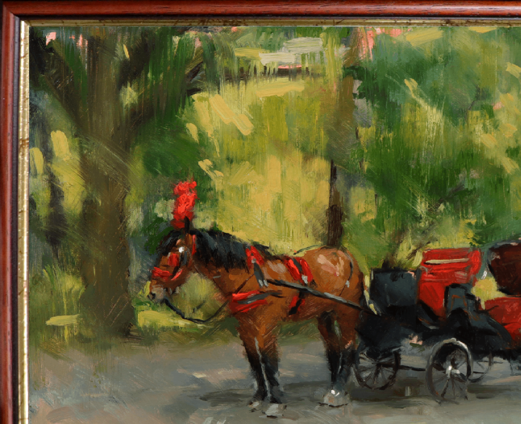 An oil painting of a brown horse pulling a black carriage, adorned with red harnesses and a red feather, set against a lush green forest background. The artwork is housed in a dark reddish-brown wooden frame with a gold inner border.