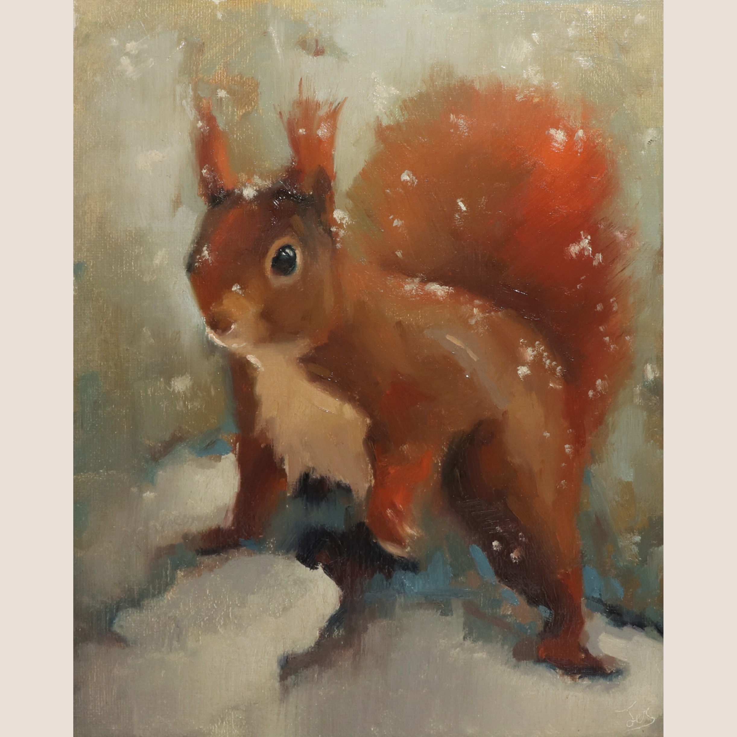 A painted depiction of a red squirrel standing in snow, with visible brushstrokes and a soft neutral-toned background.