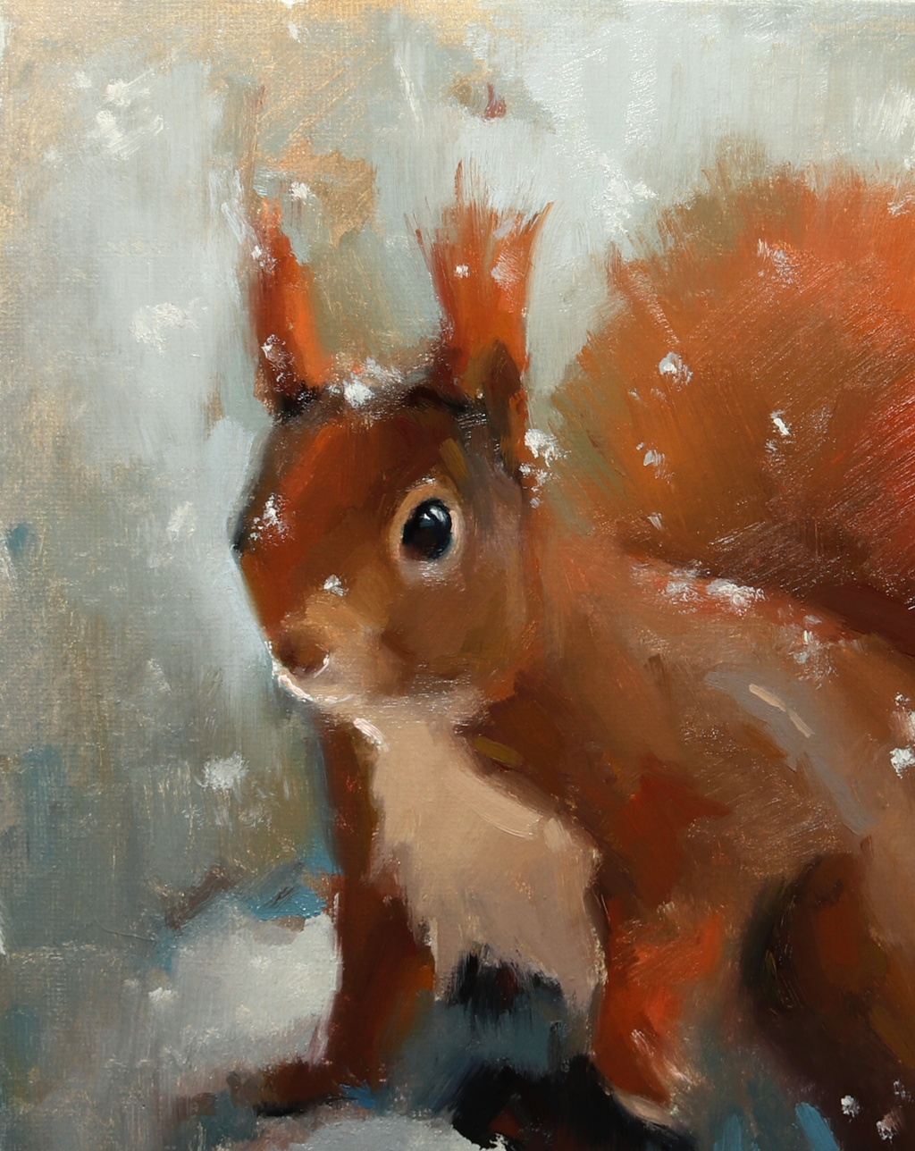 A painted depiction of a red squirrel in profile, rendered with warm brown, orange, cream, and blue brushstrokes against a soft neutral background.