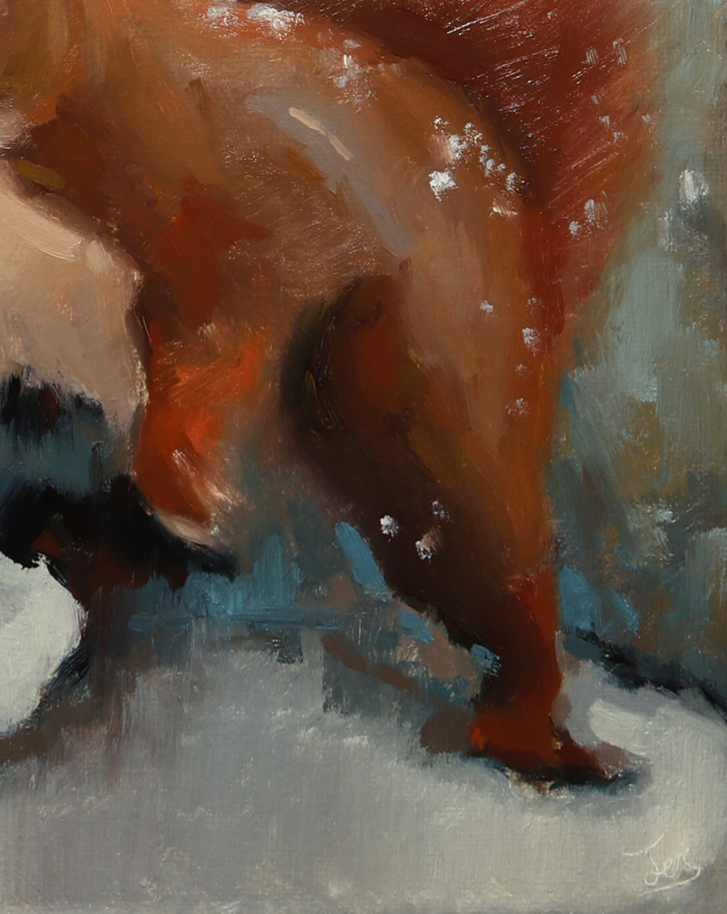 An oil painting depicting a close-up of a reddish-brown animal, likely a fox or rabbit, with textured brushstrokes in earthy browns, rust reds, and cool blue-gray background tones.