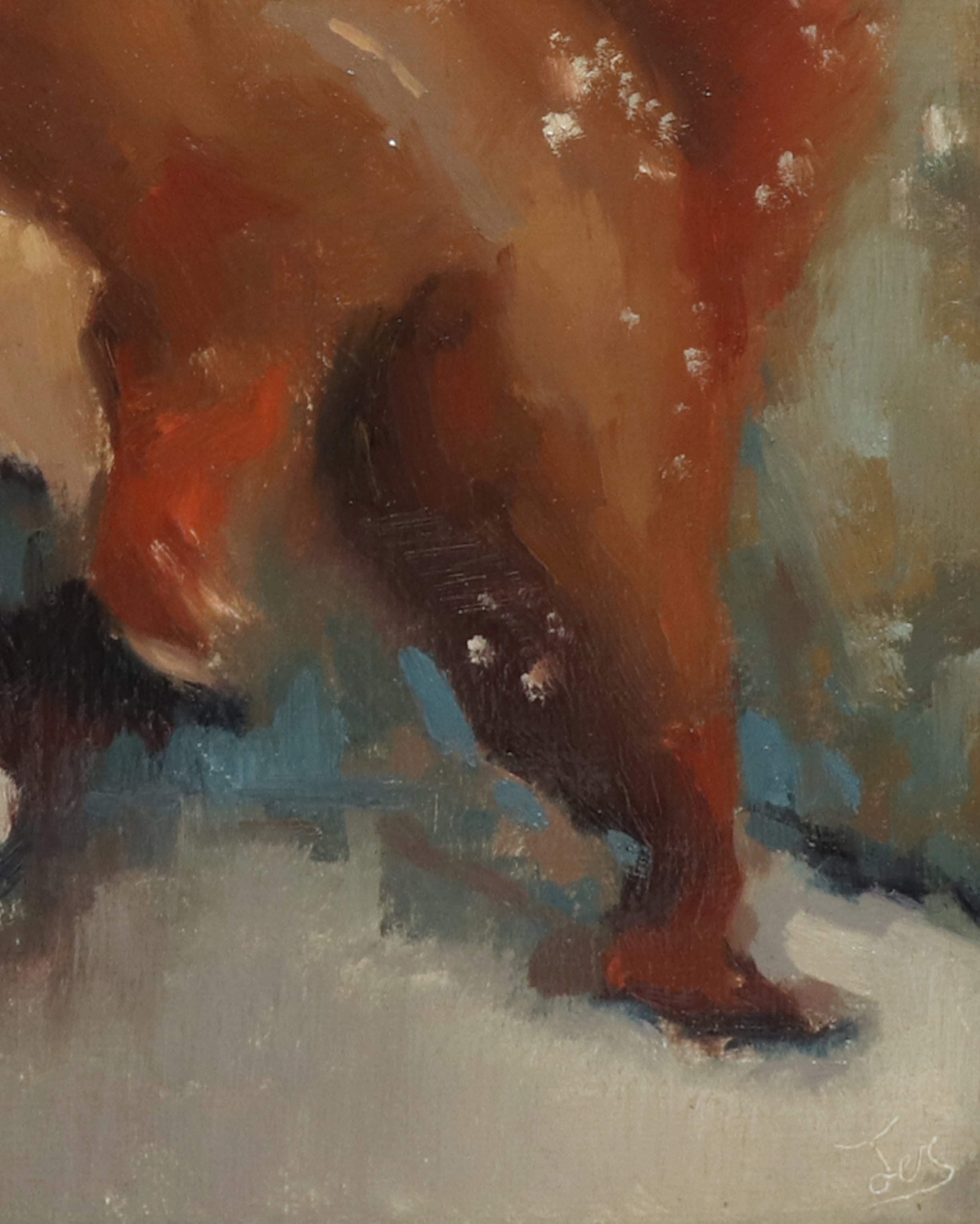 An impressionistic painting depicting the lower legs of a person in warm brown and orange tones, with blue and gray accents in the background.