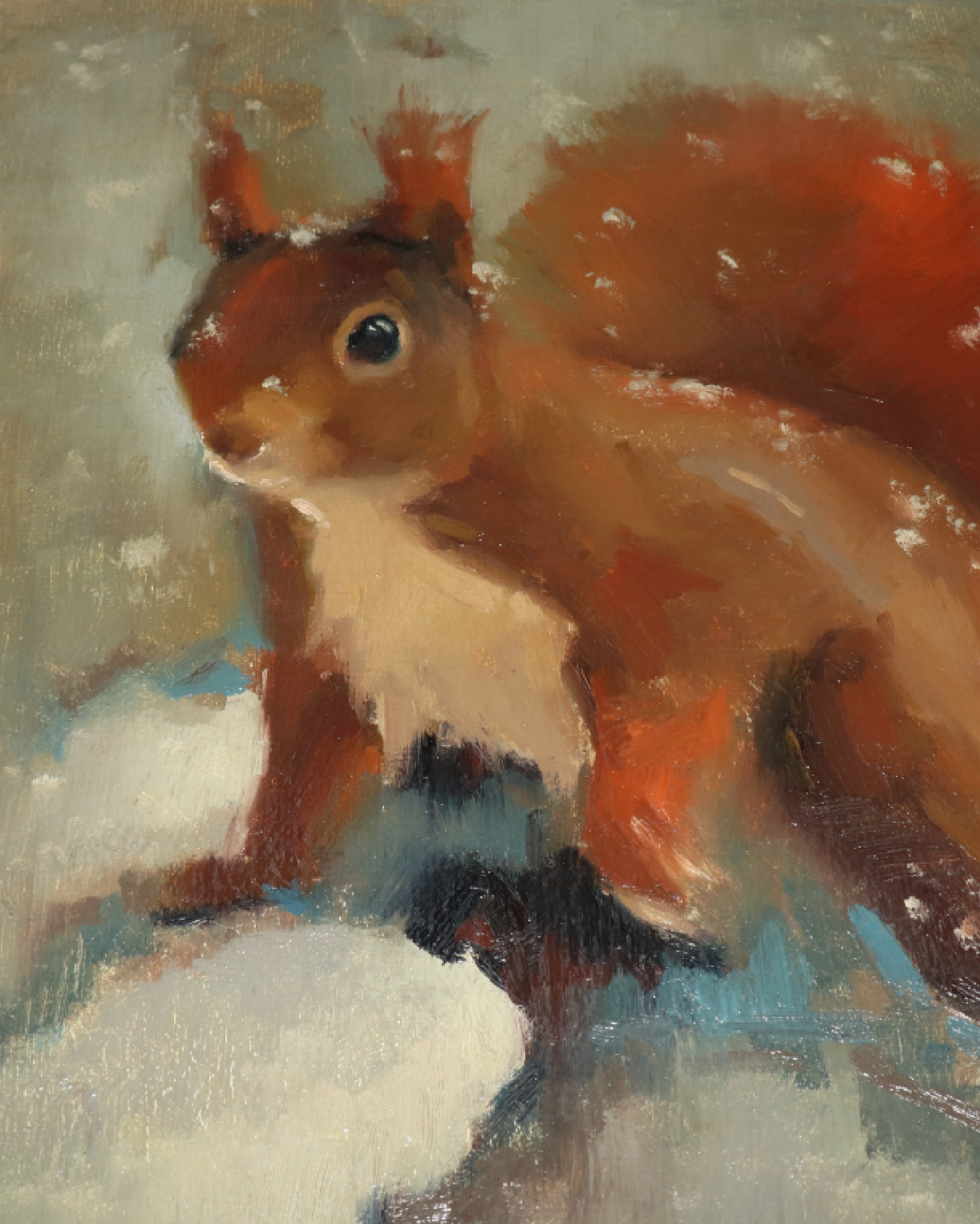An oil painting of a red squirrel standing in snow, rendered in warm brown, orange, cream, and blue-gray tones.