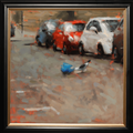 An oil painting of a street scene with parked cars and a pigeon, presented in a black frame with a gold inner trim.