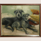 A framed oil painting depicting two gray dogs lying down, with a green background and warm brown and orange tones in the brushstrokes. The painting is housed in a dark brown wooden frame with a gold inner border, set against a solid light beige background.