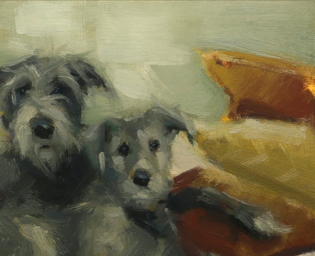 An impressionistic oil painting of two gray and white dogs sitting together on a yellow and orange cushion against a pale green background.