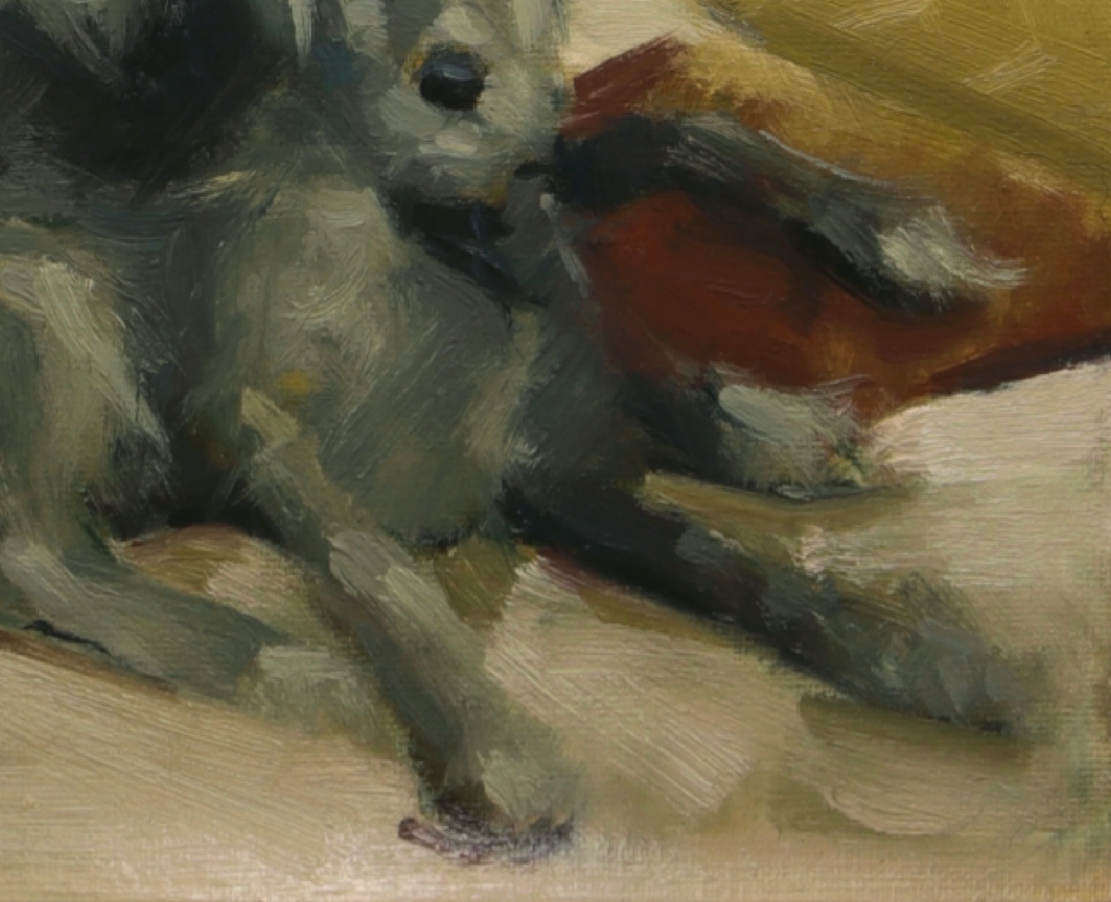 An impressionistic oil painting of a gray dog lying down and chewing on a reddish-brown object, rendered with visible brushstrokes in gray, beige, brown, and muted red tones.