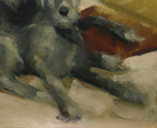 An impressionistic oil painting of a gray dog lying down and chewing on a reddish-brown object, rendered with visible brushstrokes in gray, beige, brown, and muted red tones.