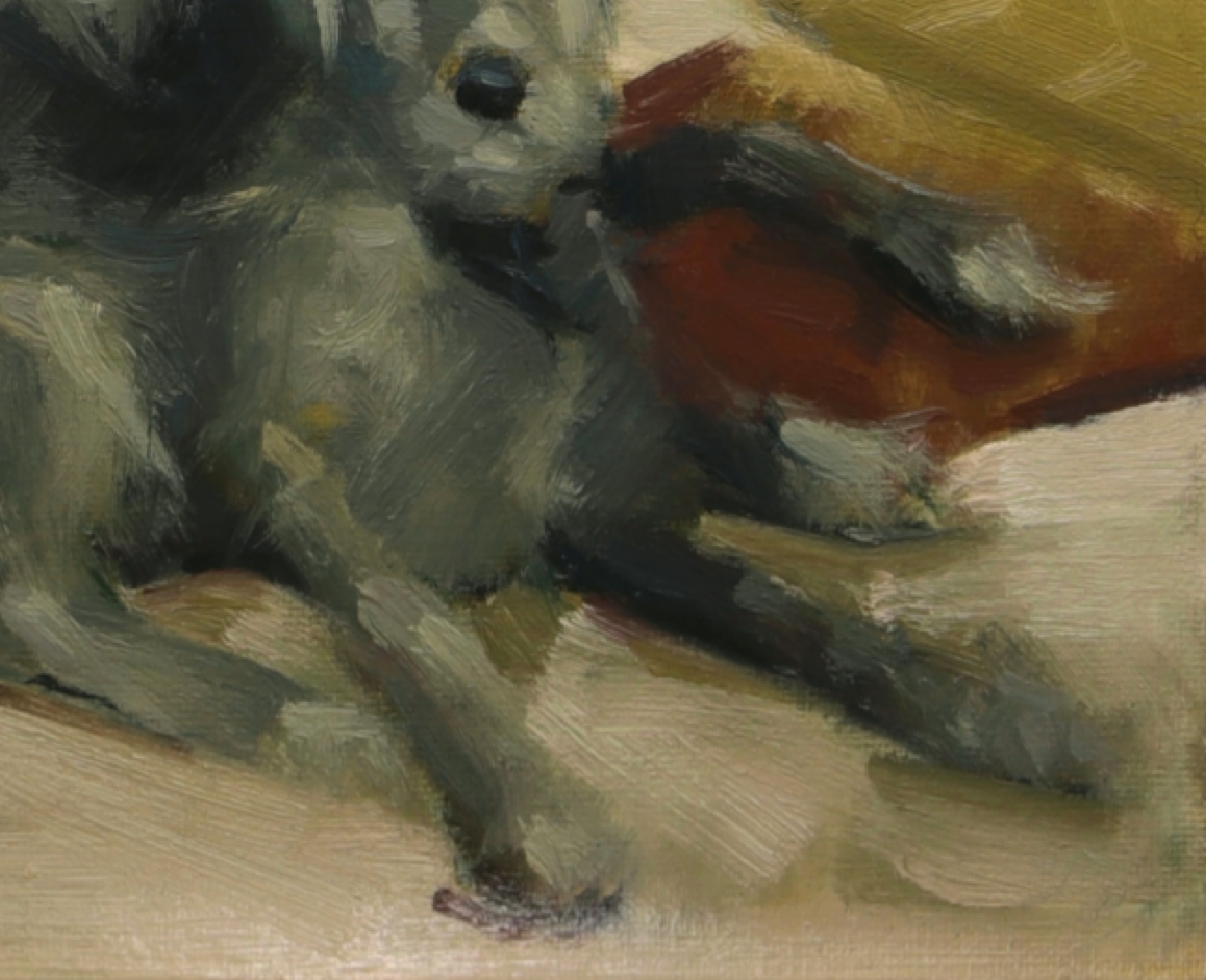 An impressionistic oil painting of a gray dog lying down and chewing on a reddish-brown object, rendered with visible brushstrokes in gray, beige, brown, and muted red tones.