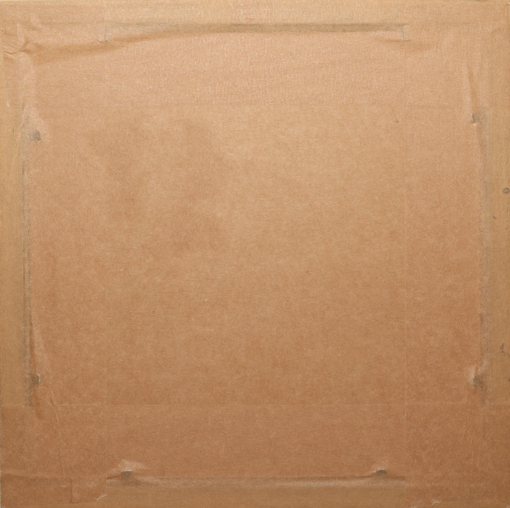The back of a square canvas or print, secured with brown tape, showing a textured brown paper backing.