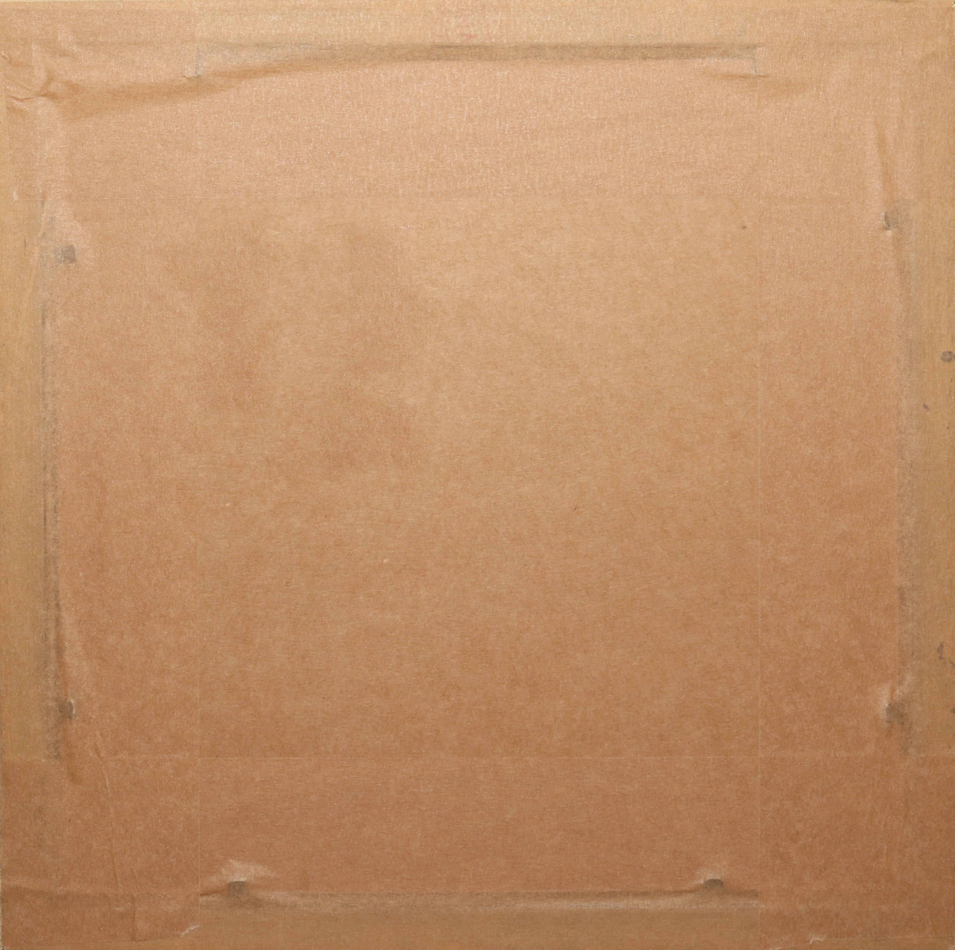 The back of a square canvas or print, secured with brown tape, showing a textured brown paper backing.