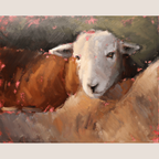 A painted portrait of a sheep with a white face and brown body, rendered in expressive brushstrokes with pink and olive tones, centered on a light beige background.